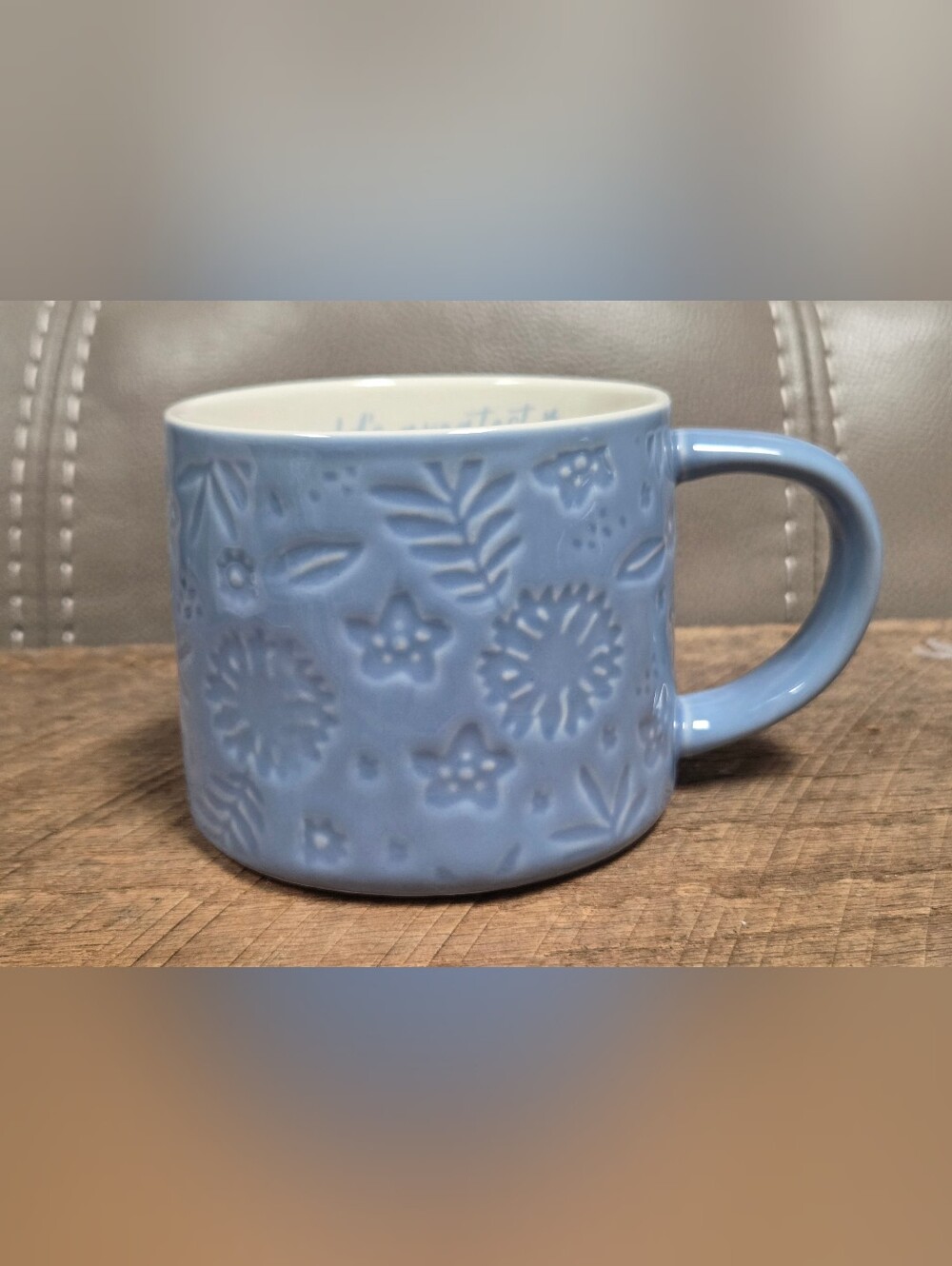Parker Lane Cornflower Blue Floral Embossed Mug - World's Greatest Inside BIN O